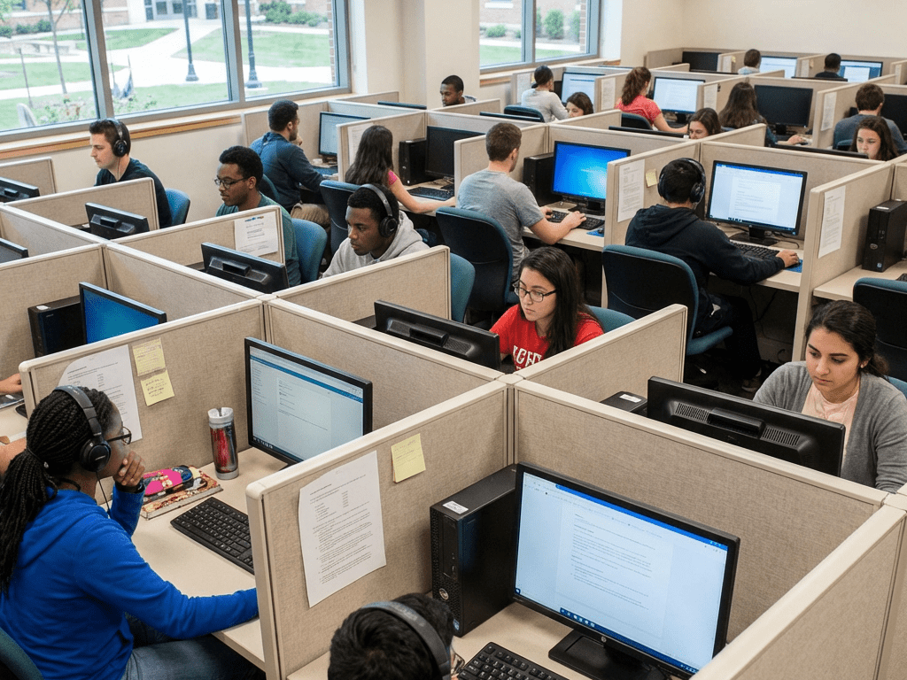 Students using desktop computers at individual workstations in a bright university computer lab.