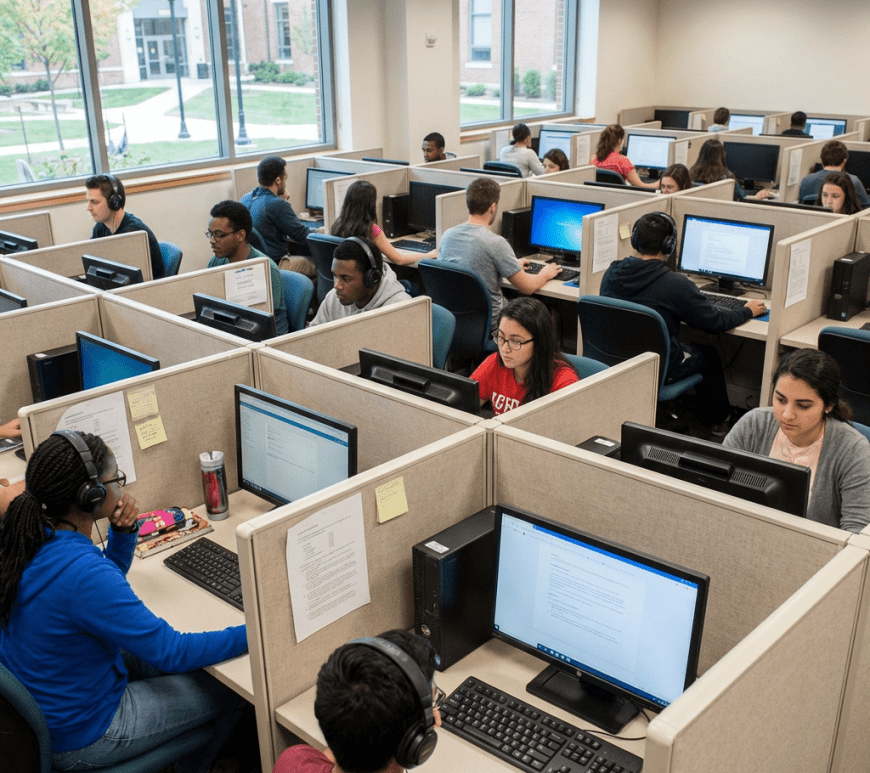 Students using desktop computers at individual workstations in a bright university computer lab.
