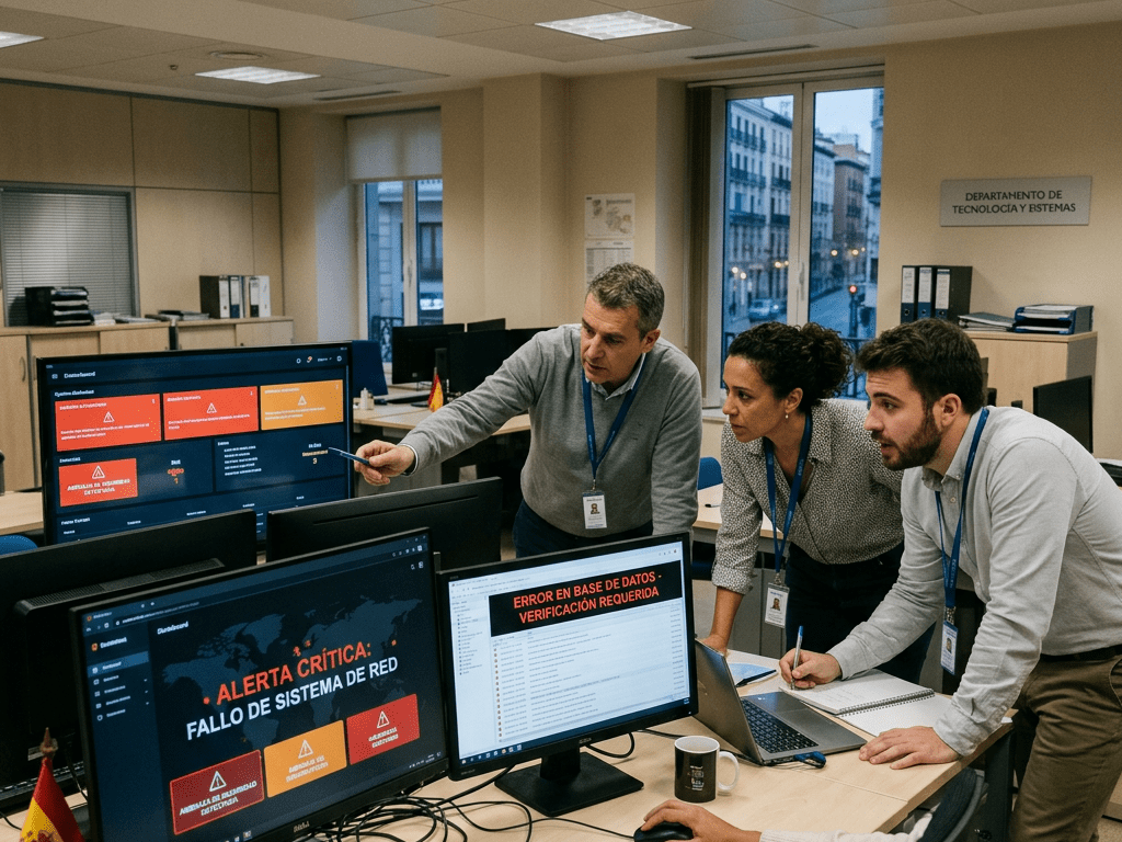 Team reviewing critical network system failure alerts on computer screens