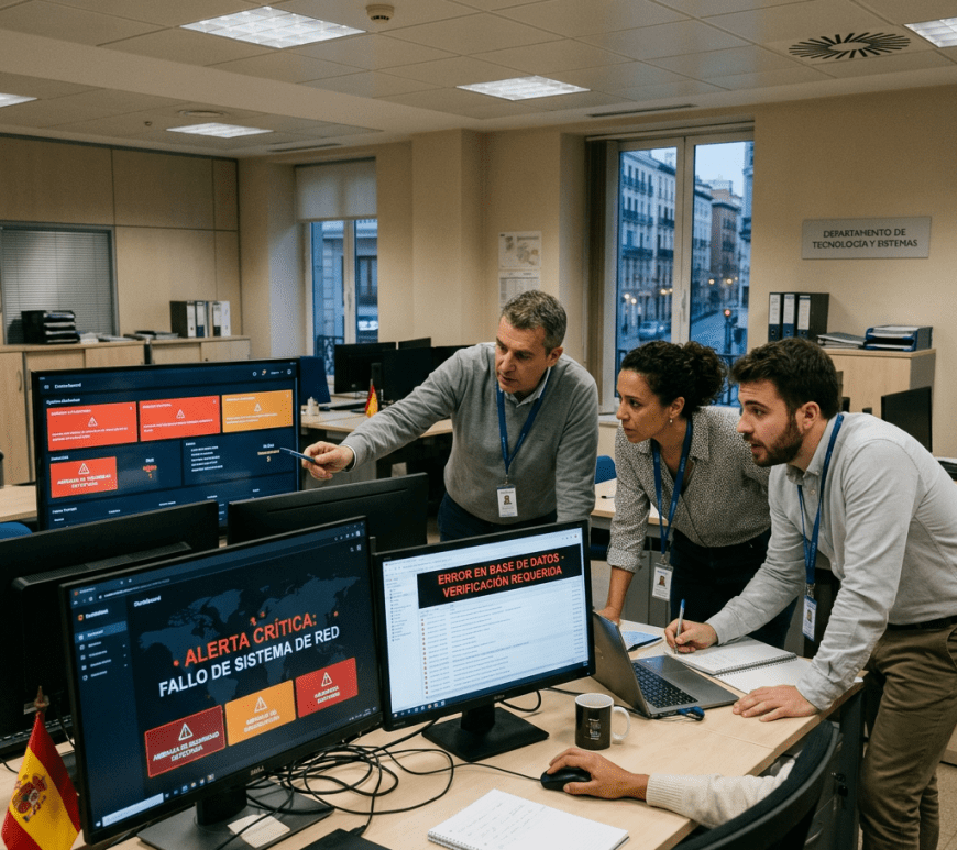 Team reviewing critical network system failure alerts on computer screens