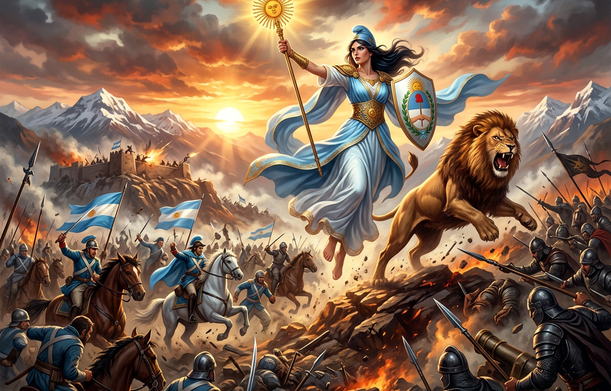 Female warrior in blue robes holding sun-topped staff and shield with Argentina emblem, leading lion and soldiers with flags into battle against armored foes