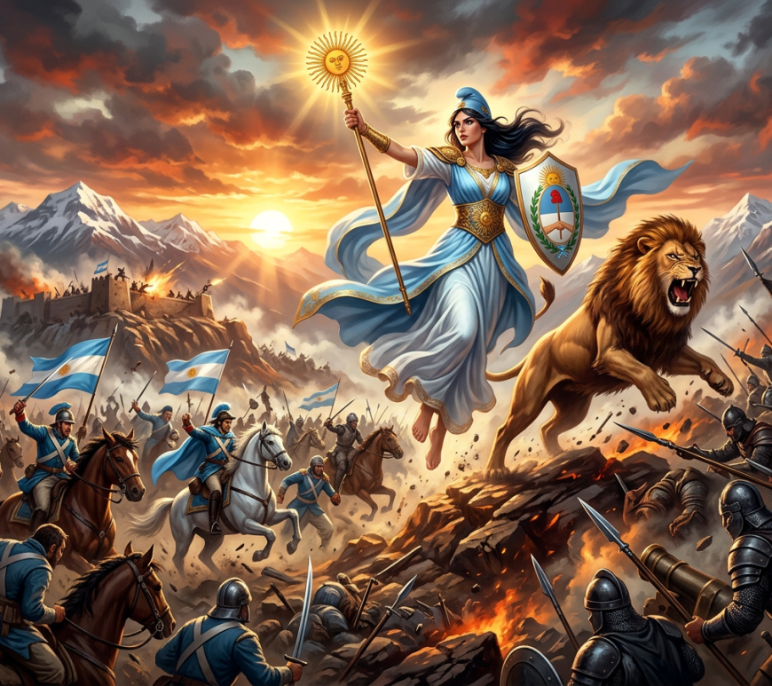 Female warrior in blue robes holding sun-topped staff and shield with Argentina emblem, leading lion and soldiers with flags into battle against armored foes