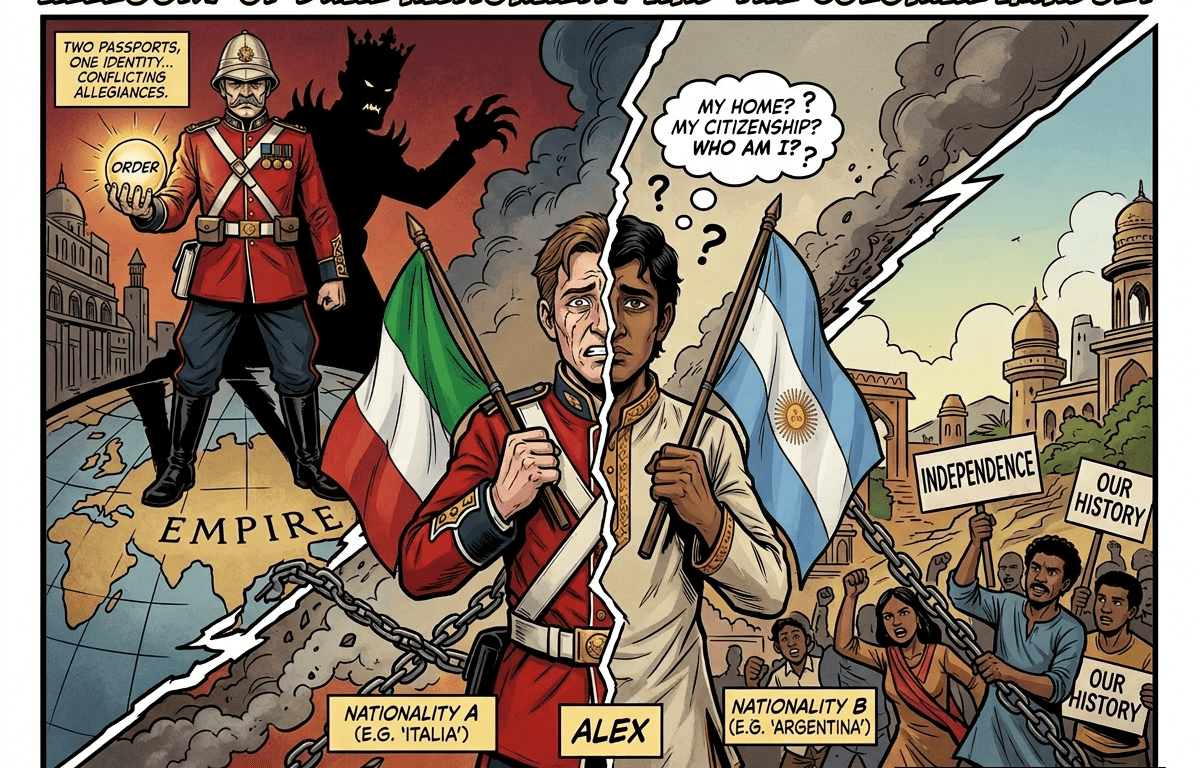 Split image showing man half in British military uniform holding Union Jack, half in Indian traditional attire holding Indian flag with protestors in background