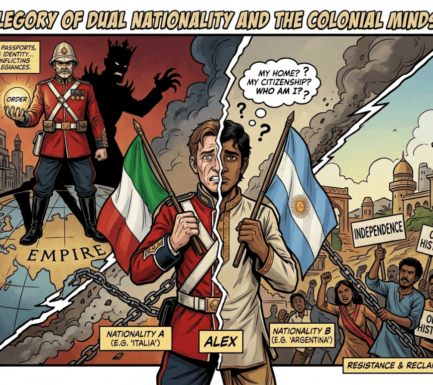 Split image showing man half in British military uniform holding Union Jack, half in Indian traditional attire holding Indian flag with protestors in background