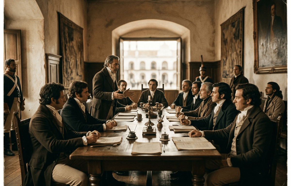 Men in 18th-century attire seated around a wooden table in a historic room holding a formal discussion