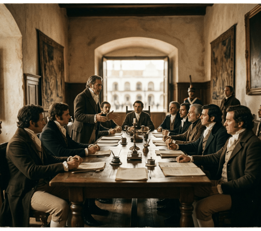 Men in 18th-century attire seated around a wooden table in a historic room holding a formal discussion