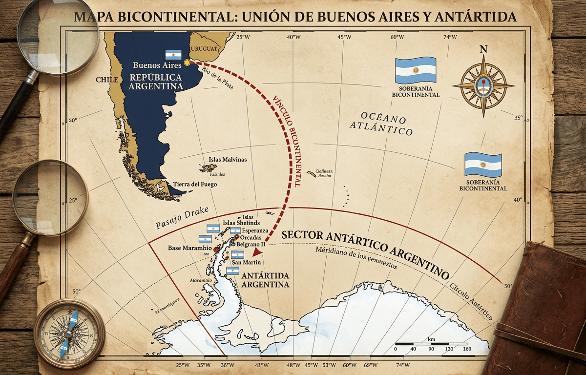 Mapa bicontinental uniendo Buenos Aires y Antártida