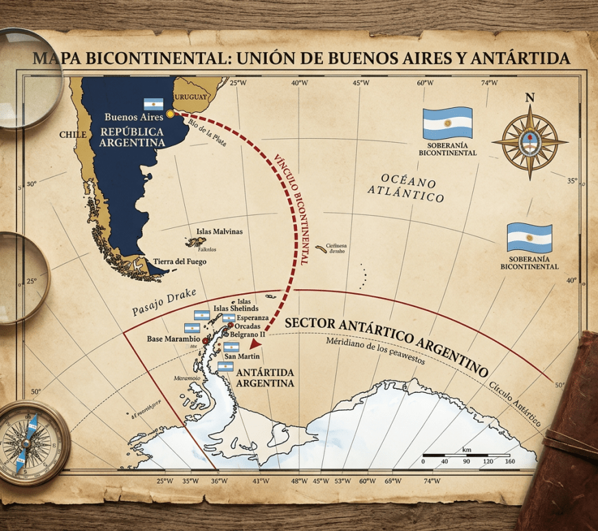 Mapa bicontinental uniendo Buenos Aires y Antártida