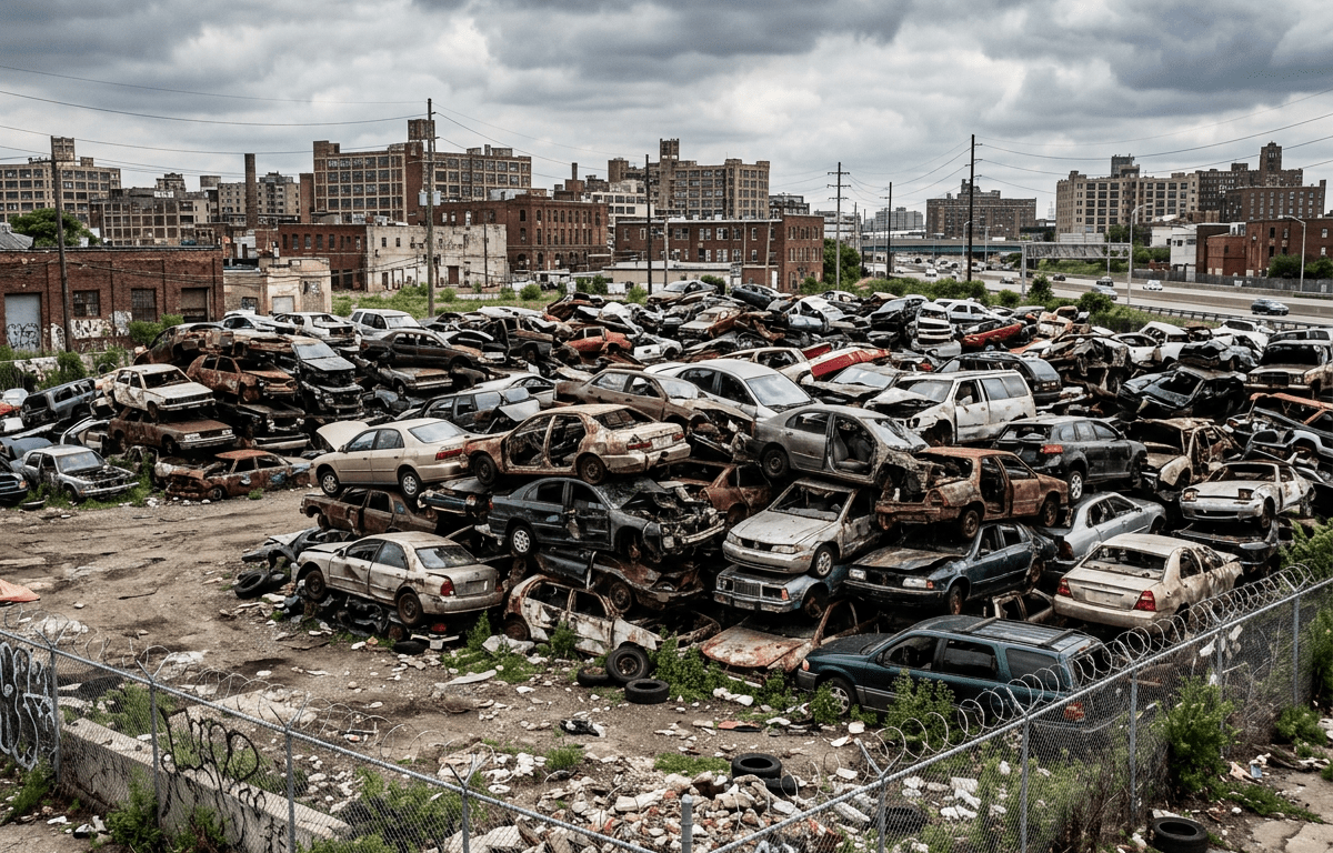Stacked abandoned cars in an urban junkyard surrounded by industrial buildings