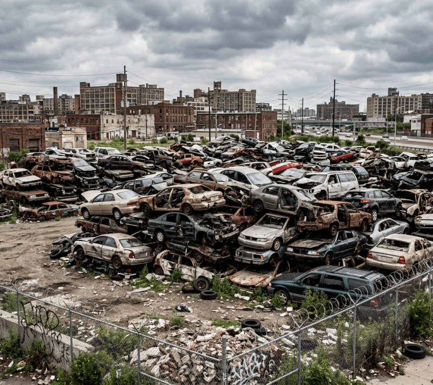Stacked abandoned cars in an urban junkyard surrounded by industrial buildings