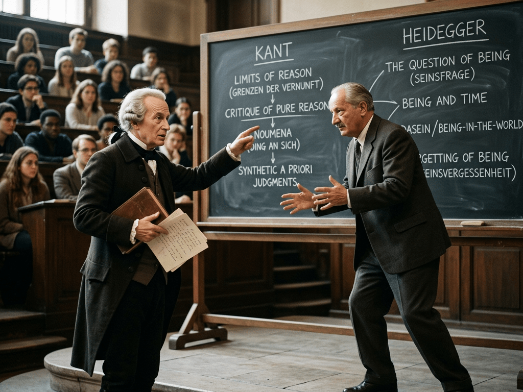 Two men intensely discussing philosophical concepts on Kant and Heidegger in a lecture hall