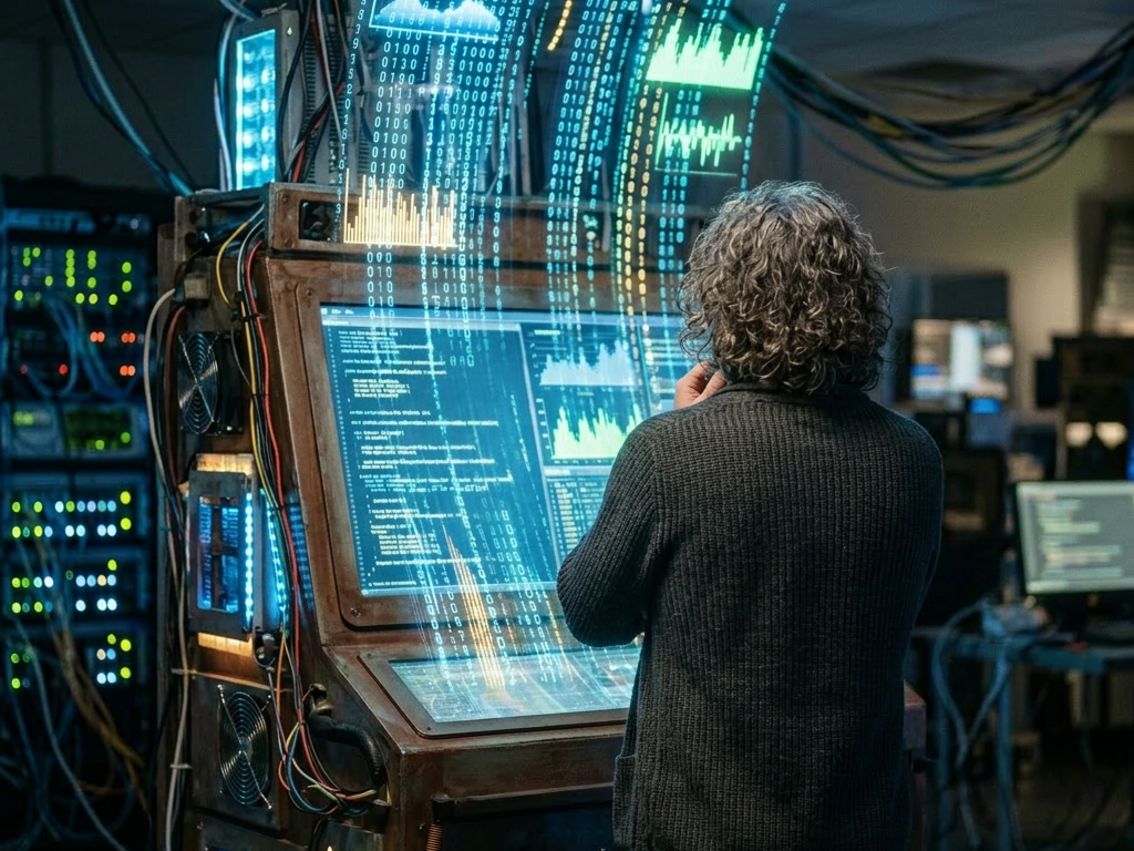 Man analyzing futuristic digital data projections in a technology lab