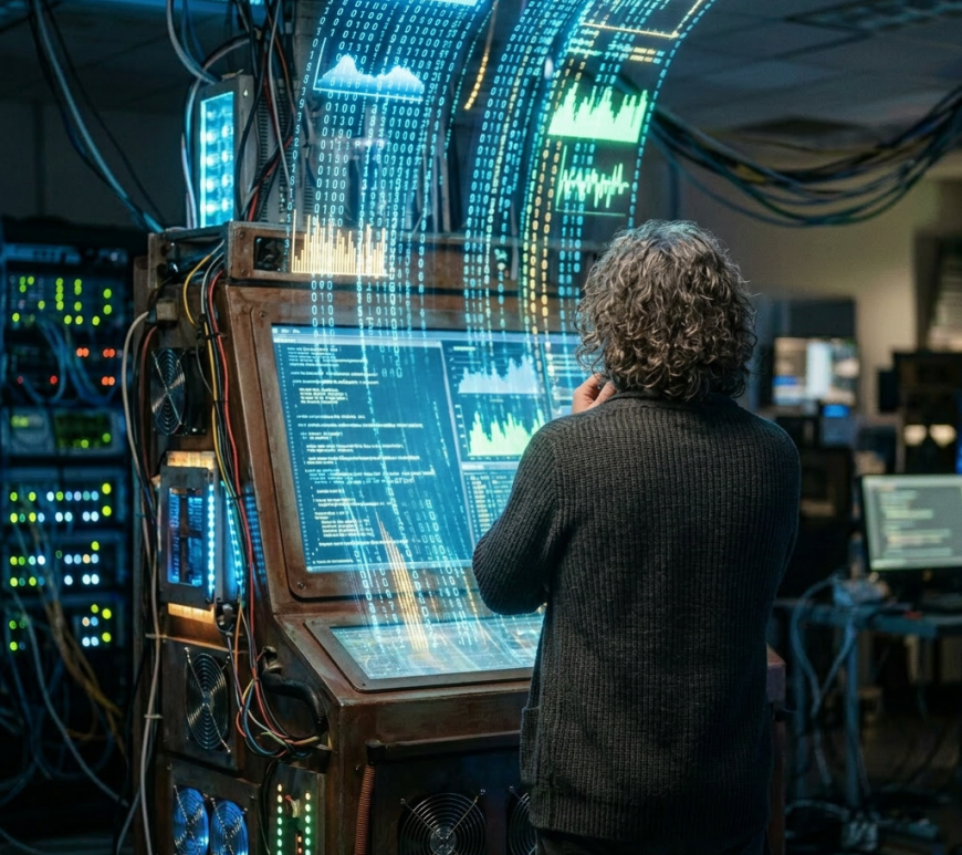 Man analyzing futuristic digital data projections in a technology lab