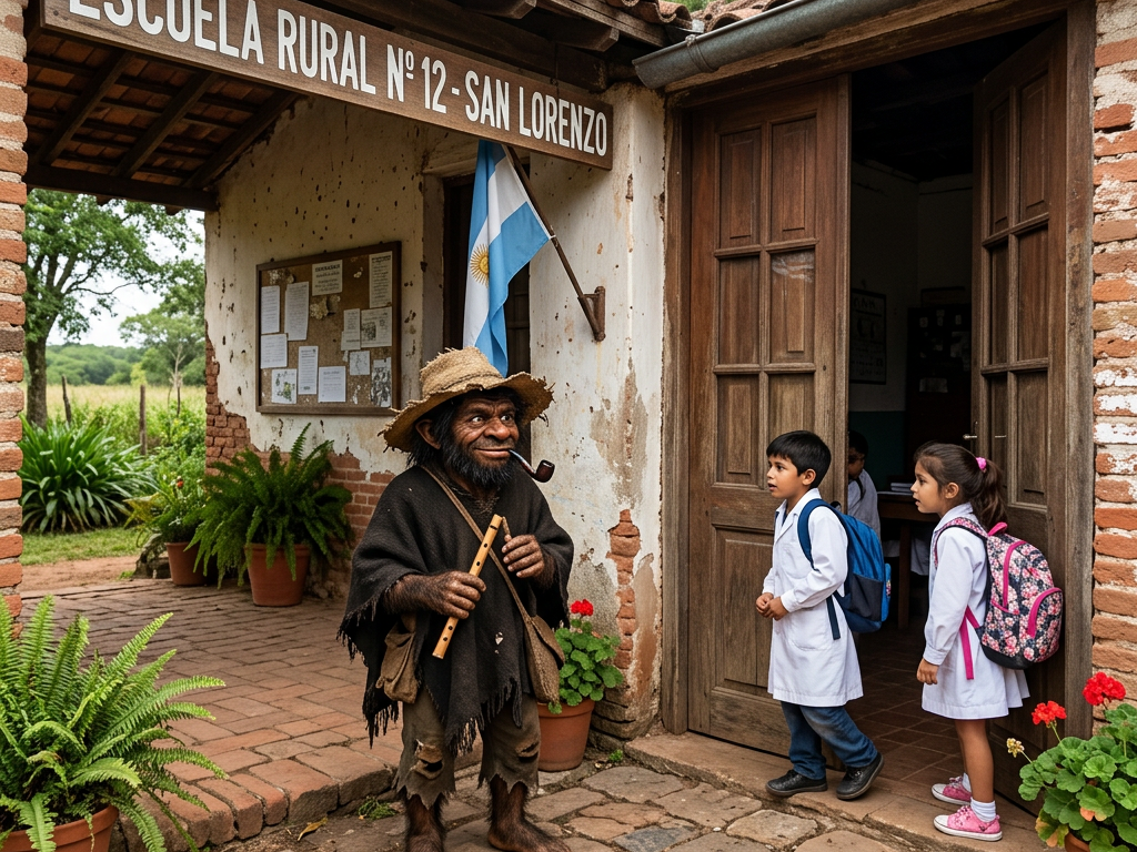 Rural school entrance with children in white uniforms and folklore character with flute