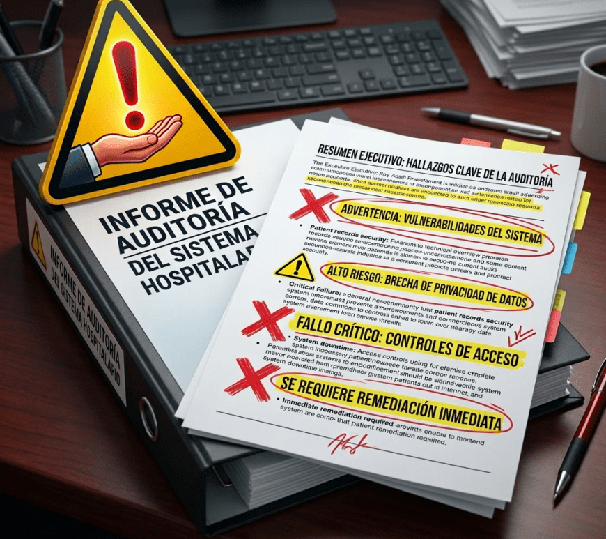 Hospital system audit report showing critical warnings about system vulnerabilities and data breaches