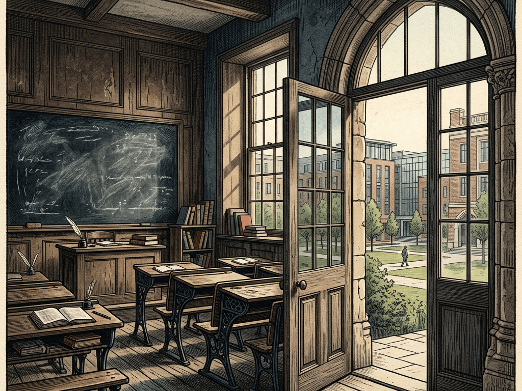 Vintage classroom with desks, chalkboard, books, and open door to courtyard