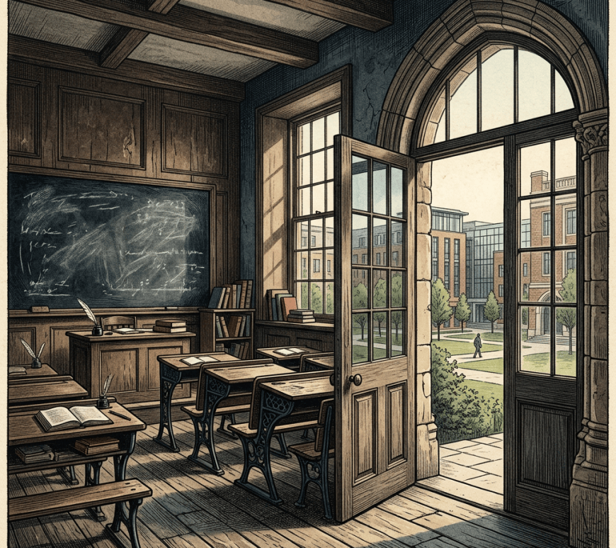 Vintage classroom with desks, chalkboard, books, and open door to courtyard