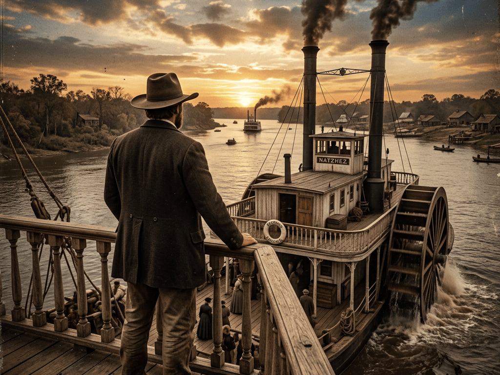 Traveler watching the Natchez steamboat on a river at sunset