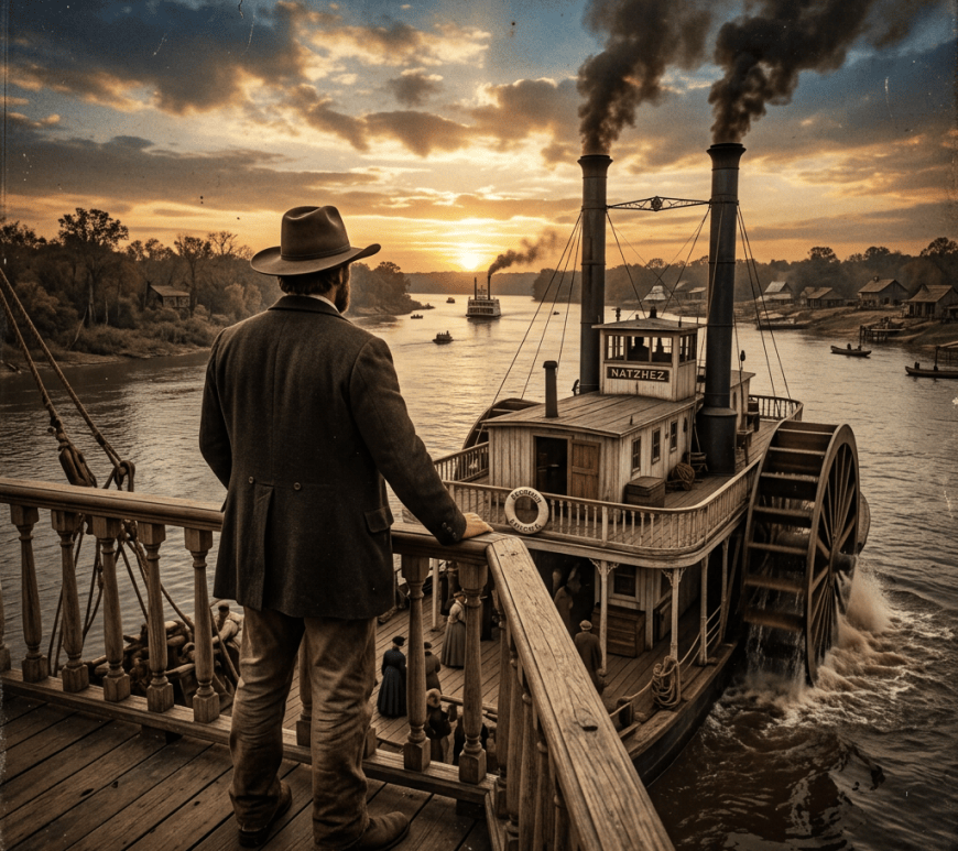Traveler watching the Natchez steamboat on a river at sunset