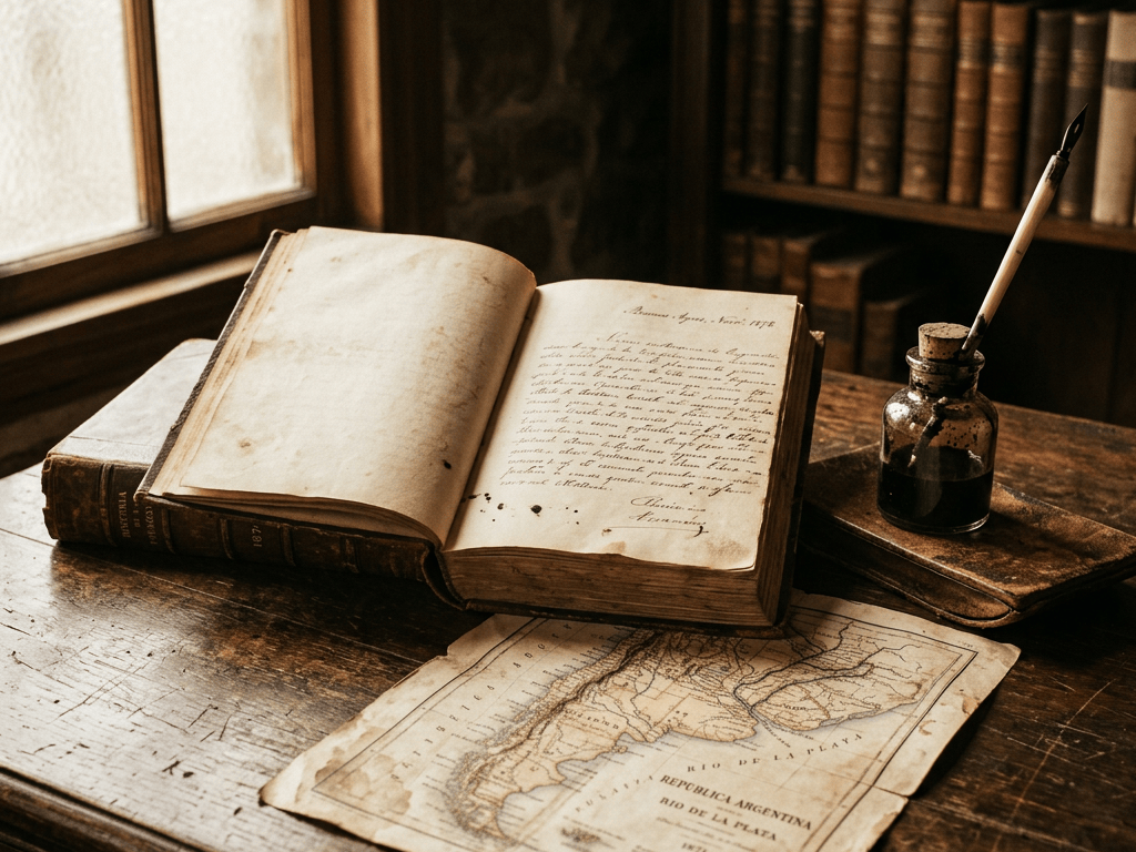 Open handwritten manuscript, ink bottle, and map labeled República Argentina Río de la Plata