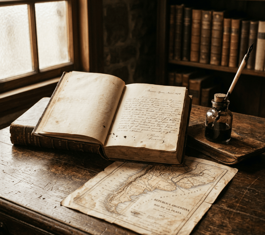 Open handwritten manuscript, ink bottle, and map labeled República Argentina Río de la Plata