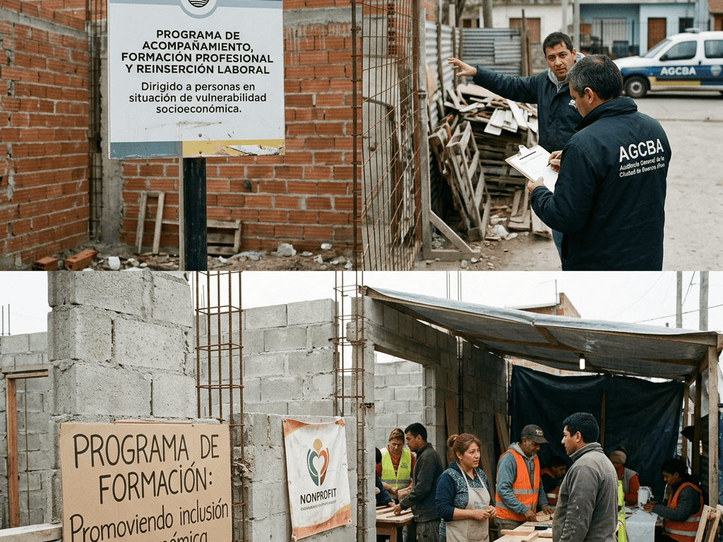 Composite showing signs reading “Programa de acompañamiento, formación profesional y reinserción laboral” and “Programa de formación: Promoviendo inclusión socioeconómica,” with AGCBA workers and community members.