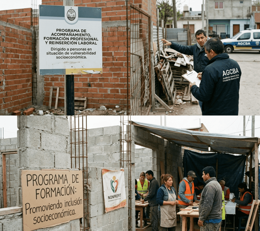 Composite showing signs reading “Programa de acompañamiento, formación profesional y reinserción laboral” and “Programa de formación: Promoviendo inclusión socioeconómica,” with AGCBA workers and community members.